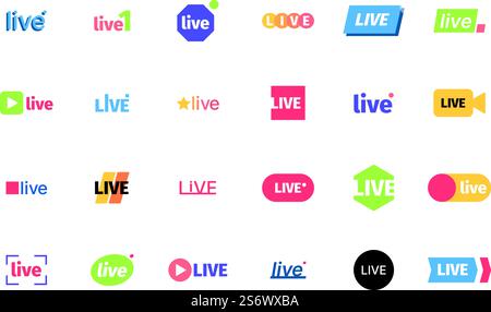Live stream icons. Broadcasting business red icons air services play symbols living entertainment logo garish vector flat templates. Illustration of broadcast play, player news live stream. Live stream icons. Broadcasting business red icons air services play symbols living entertainment logo garish vector flat templates Stock Vector