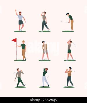Golf players. Recreation healthy outdoor sport activities golfers characters male and female vector flat persons pictures in flat style. Illustration collection golfer recreation, game with ball. Golf players. Recreation healthy outdoor sport activities golfers characters male and female garish vector flat persons pictures in flat style Stock Vector