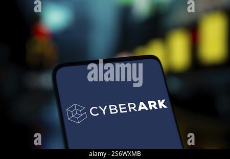 Cyberark logo is displayed on smartphone. CyberArk Software Ltd. is an Israeli publicly traded information security company Stock Photo