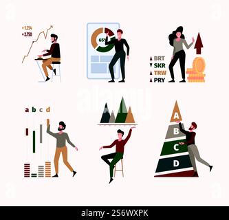 Benchmark. Stylized characters with marketing graph company strategy compare business diagram garish vector flat illustrations. Benchmarking and management, metrics survey, increase report. Benchmark. Stylized characters with marketing graph company strategy compare business diagram garish vector flat illustrations Stock Vector