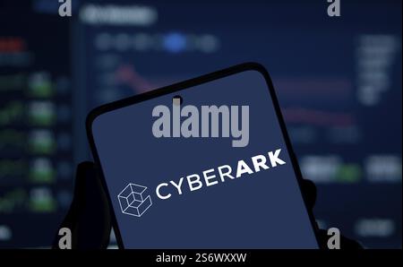 Cyberark logo is displayed on smartphone. CyberArk Software Ltd. is an Israeli publicly traded information security company Stock Photo