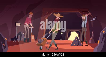 Diggers in tunnel. Golden miners find minerals and making deep tunnel active workers in action poses exact vector cartoon background. Illustration of digger and miner, golden mine. Diggers in tunnel. Golden miners find minerals and making deep tunnel active workers in action poses exact vector cartoon background Stock Vector