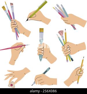 Stationary in hands. People holding brushes pencils lettering calligraphic items for artists recent vector flat templates set isolated. School education supplies holded by hands illustration. Stationary in hands. People holding brushes pencils lettering calligraphic items for artists recent vector flat templates set isolated Stock Vector