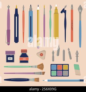 Artist tools. Pen brushes pencils markers paint for craft calligraphic works stationery kit writers vector flat illustrations collection. Pencil and pen, brush art drawing, paintbrush education design. Artist tools. Pen brushes pencils markers liquid paint for craft calligraphic works professional stationery kit writers recent vector flat illustrations collection Stock Vector