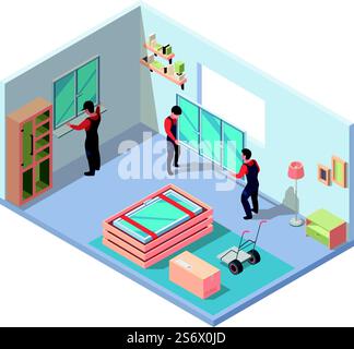 Interior renovation background. Workers installing plastic windows in modern room fix problems door frames repair processes vector isometric template. Illustration of install specialist and renovate. Interior renovation background. Workers installing plastic windows in modern room fix problems with door frames repair processes garish vector isometric template Stock Vector