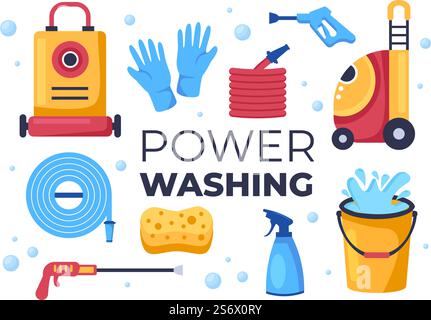 Power Washing Machine Cleaner with Various Cleaning Tools and Outside Cleanup Service in Flat Cartoon Background Illustration Stock Vector