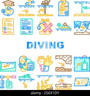 Diving School Education Lesson Icons Set Vector. Diving School Course And Study, Underwater Sign Language And Professional Equipment. Diver Instruction Coach And Certificate Color Illustrations. Diving School Education Lesson Icons Set Vector Stock Vector