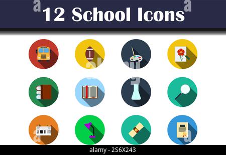 School Icon Set. Flat Design With Long Shadow. Vector illustration. Stock Vector