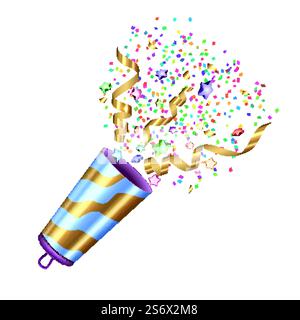 Party Popper For Celebrate Anniversary Vector. Surprise Party Popper Accessory Exploding Multicolor Confetti And Golden Ribbon For Celebrating Birthday. Explode Template Realistic 3d Illustration. Party Popper For Celebrate Anniversary Vector Stock Vector