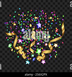 Confetti Explosion For Celebrate Holiday Vector. Surprise Party Confetti Explosion Decoration, Multicolored Foil In Star Shape And Golden Ribbon Exploding. Template Realistic 3d Illustration. Confetti Explosion For Celebrate Holiday Vector Stock Vector