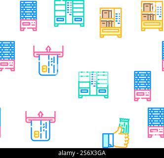 Vending Machine Sale Equipment Vector Seamless Pattern Color Line Illustration. Vending Machine Sale Equipment Icons Set Vector Stock Vector