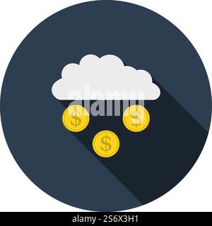 Coins Falling From Cloud Icon. Flat Circle Stencil Design With Long Shadow. Vector Illustration. Stock Vector