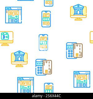 Financial Technology And Software Vector Seamless Pattern Color Line Illustration. Financial Technology And Software Icons Set Vector Stock Vector