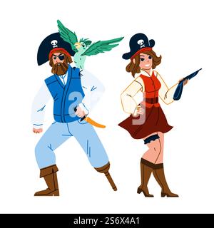 Man And Woman Pirate Standing Together Vector. Bearded Guy With Parrot Bird On Shoulder And Woman With Weapon Gun Wearing Pirate Hat And Costume. Characters Flat Cartoon Illustration. Man And Woman Pirate Standing Together Vector Stock Vector