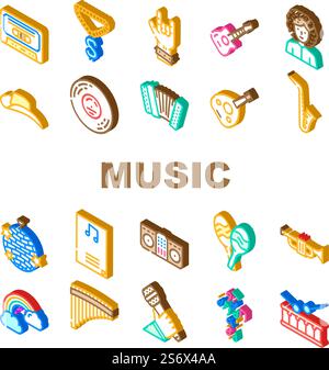 Music Genres Audio Performance Icons Set Vector. Classical And Country, Pop Hip Hop, Jazz Electronic, Disco And Funk Music Genres. Musical Entertainment Performing Isometric Sign Color Illustrations. Music Genres Audio Performance Icons Set Vector Stock Vector