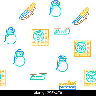Military Weapon And Transport Vector Seamless Pattern Color Line Illustration. Military Weapon And Transport Icons Set Vector Stock Vector