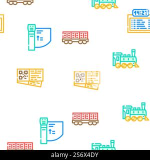 Railway Train Transportation Vector Seamless Pattern Color Line Illustration. Railway Train Transportation Icons Set Vector Stock Vector