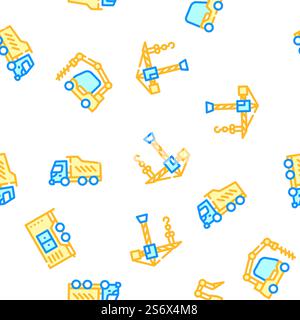Construction Vehicle Collection Vector Seamless Pattern Color Line Illustration. Construction Vehicle Collection Icons Set isolated illustration Stock Vector