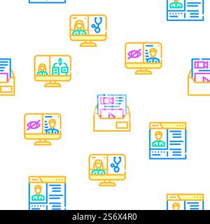 Video Conference Communication Vector Seamless Pattern Color Line Illustration. Video Conference Communication Icons Set Vector Stock Vector