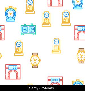 Clock And Watch Time Equipment Vector Seamless Pattern Color Line Illustration. Clock And Watch Time Equipment Icons Set Vector Stock Vector