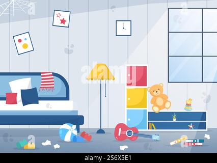 The Bedroom Interior of Messy or Dirty with Trash and Items Scattered Everywhere on Modern Style in Cartoon Vector Illustration Stock Vector