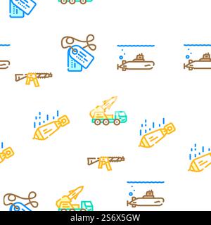 Military Weapon And Transport Vector Seamless Pattern Color Line Illustration. Military Weapon And Transport Icons Set Vector Stock Vector