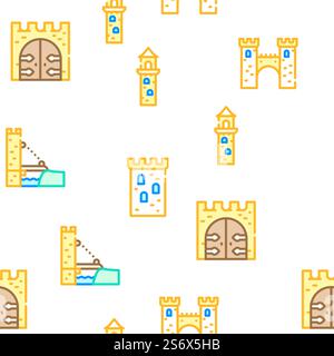 Castle Construction Vector Seamless Pattern Color Line Illustration. Castle Construction Vector Seamless Pattern Stock Vector