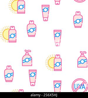 Sunscreen Protection Collection Vector Seamless Pattern Color Line Illustration. Sunscreen Protection Collection Icons Set isolated illustration Stock Vector