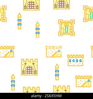 Castle Construction Vector Seamless Pattern Color Line Illustration. Castle Construction Vector Seamless Pattern Stock Vector