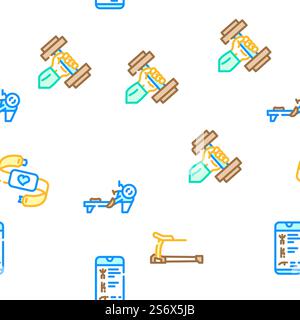 Fitness Gym Sportive Equipment Vector Seamless Pattern Color Line Illustration. Fitness Gym Sportive Equipment Icons Set Vector Stock Vector