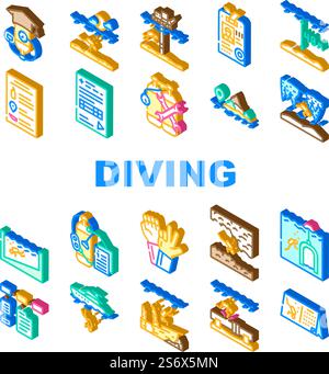 Diving School Education Lesson Icons Set Vector. Diving School Course And Study, Underwater Sign Language Equipment. Diver Instruction Coach And Certificate Isometric Sign Color Illustrations. Diving School Education Lesson Icons Set Vector Stock Vector
