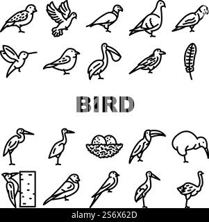 Bird Flying And Eggs In Nest Icons Set Vector. Toucan And Eagle, Crane And Pelican, Sparrow And Stork Flight Bird. Hummingbird And Woodpecker Wildlife In Nature Black Contour Illustrations. Bird Flying And Eggs In Nest Icons Set Vector Stock Vector