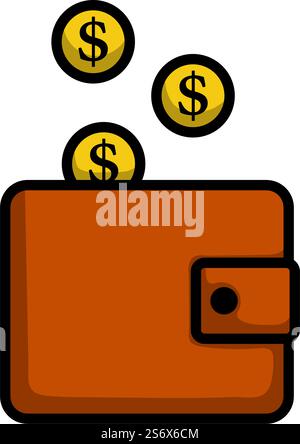 Golden Coins Fall In Purse Icon. Editable Bold Outline With Color Fill Design. Vector Illustration. Stock Vector