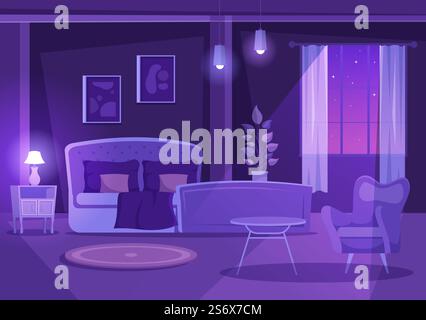 Night Cozy Bedroom Interior with Furniture Like Bed, Wardrobe, Bedside Table, Vase, Chandelier in Modern Style in Cartoon Vector Illustration Stock Vector