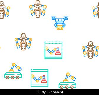 Robot Future Electronic Equipment Vector Seamless Pattern Color Line Illustration. Robot Future Electronic Equipment Icons Set Vector Stock Vector