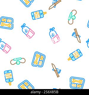 Diving Equipment And Accessories Vector Seamless Pattern Color Line Illustration. Diving Equipment And Accessories Icons Set Vector Stock Vector