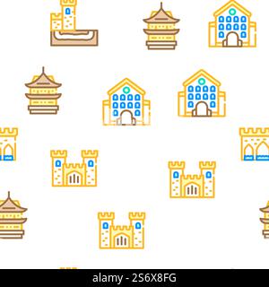 Castle Construction Vector Seamless Pattern Color Line Illustration. Castle Construction Vector Seamless Pattern Stock Vector