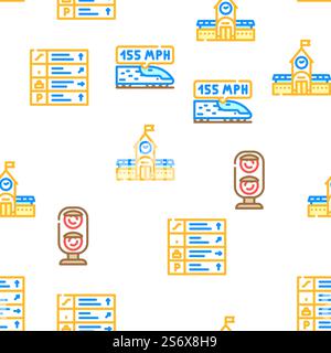 Railway Train Transportation Vector Seamless Pattern Color Line Illustration. Railway Train Transportation Icons Set Vector Stock Vector