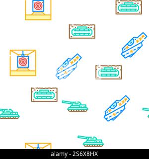 Military Weapon And Transport Vector Seamless Pattern Color Line Illustration. Military Weapon And Transport Icons Set Vector Stock Vector