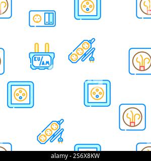 Socket Power Electrical Accessory Vector Seamless Pattern Color Line Illustration. Socket Power Electrical Accessory Icons Set Vector Stock Vector