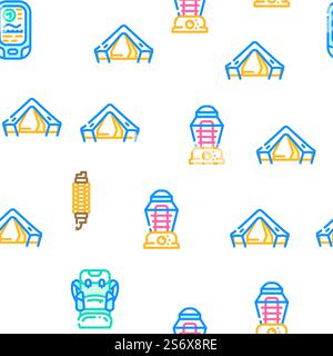 Camping Hiker Tool And Gadget Vector Seamless Pattern Color Line Illustration. Camping Hiker Tool And Gadget Icons Set Vector Stock Vector