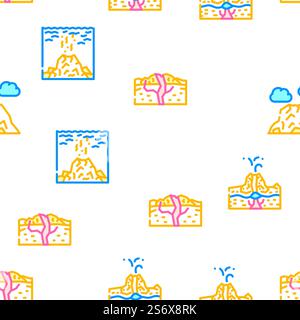 Volcano Lava Eruption Vector Seamless Pattern Color Line Illustration. Volcano Lava Eruption Vector Seamless Pattern Stock Vector