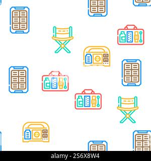 Camping Hiker Tool And Gadget Vector Seamless Pattern Color Line Illustration. Camping Hiker Tool And Gadget Icons Set Vector Stock Vector