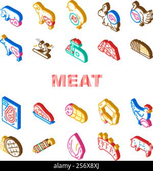 Meat Raw Food Domestic Animal Icons Set Vector. Rabbit And Mutton, Chick And Chicken, Beef And Turkey Meat For Cooking Delicious Dish Frying Barbeque. Jamon And Hen Isometric Sign Color Illustrations. Meat Raw Food Domestic Animal Icons Set Vector Stock Vector