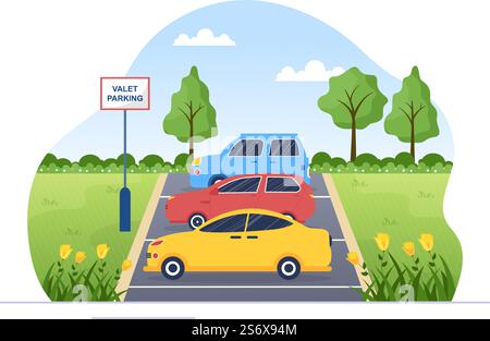 Valet Parking with Ticket Image and Multiple Cars on Public Car Park in Flat Background Cartoon Illustration Stock Vector