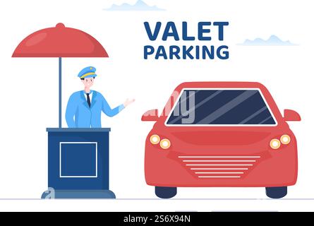 Valet Parking with Ticket Image and Multiple Cars on Public Car Park in Flat Background Cartoon Illustration Stock Vector