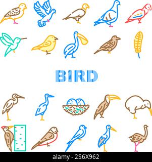 Bird Flying And Eggs In Nest Icons Set Vector. Toucan And Eagle, Crane And Pelican, Sparrow And Stork Flight Bird. Hummingbird And Woodpecker Wildlife In Nature Color Illustrations. Bird Flying And Eggs In Nest Icons Set Vector Stock Vector