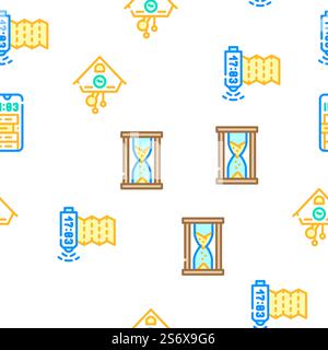 Clock And Watch Time Equipment Vector Seamless Pattern Color Line Illustration. Clock And Watch Time Equipment Icons Set Vector Stock Vector