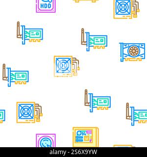 Computer Accessories And Parts Vector Seamless Pattern Color Line Illustration. Computer Accessories And Parts Icons Set Vector Stock Vector