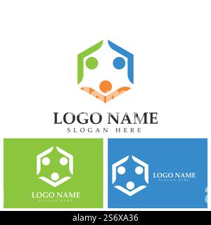 Teamwork connecting people hexagon concept logo symbol icon vector design Stock Vector